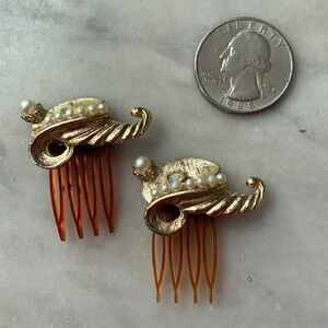 VTG Tiny Pearl Rhinestone Gold Mini Hair Combs